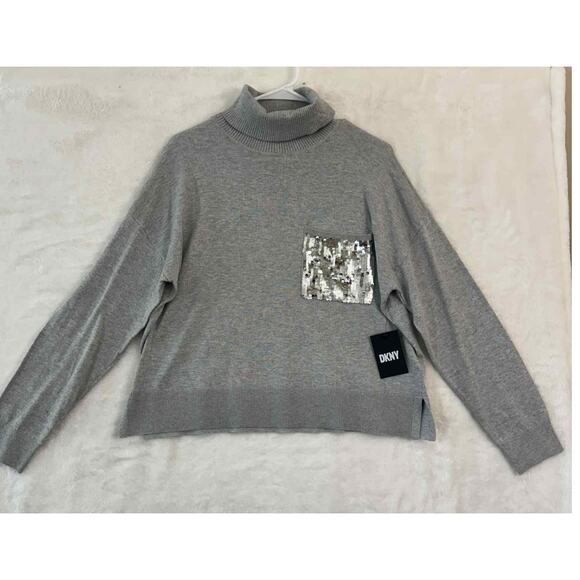 NWT DKNY Gray Sequin Pocket Turtleneck Sweater M Knit - Picture 1 of 5
